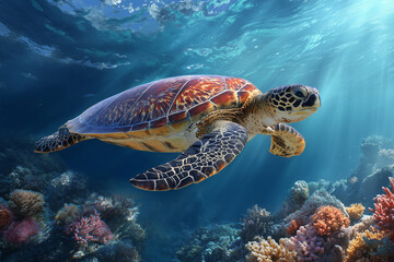 Obraz premium Sea turtles swimming gracefully underwater, colorful coral reefs, cinematic lighting, very realistic ocean views