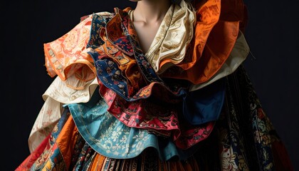 Fototapeta premium Avant-Garde Layered Outfit with Colorful Textile and Beadwork