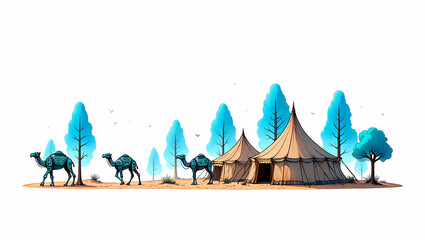 Stylized Desert Oasis: Three Camels and a Canvas Tent, Vibrant Blue Trees, Whimsical Illustration