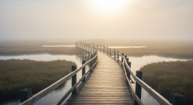 Wooden Boardwalk Through Misty Marsh Landscape at Sunrise