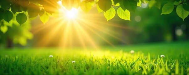 Obraz premium A vibrant sunburst filters through leaves onto a lush green meadow, conveying feelings of joy and serenity Perfect for themes of optimism, well-being, and inner peace , scene, environment