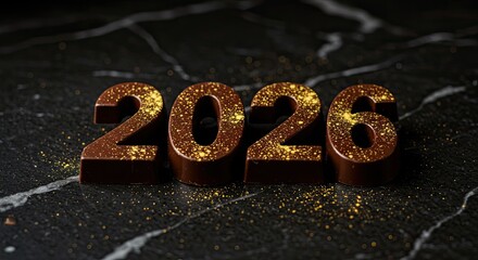 Chocolate 2026 New Year's Eve Celebration on Marble Background with Golden Sprinkles