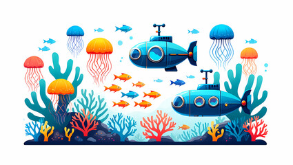 Vibrant Cartoon Submarines Exploring Colorful Coral Reef with Jellyfish and Fish.