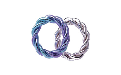 Naklejka premium Vector illustration of two twisted metallic rings, iridescent blue and silver on a white background