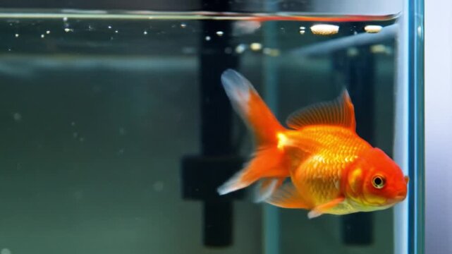 A single goldfish swimming in a clear aquarium with filter equipment.