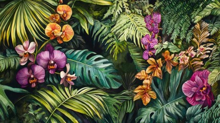 Obraz premium Exploring tropical paradise a seamless watercolor foliage artwork in a lush environment from a vibrant viewpoint