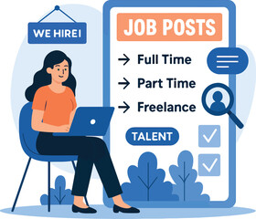  Job Hiring and Recruitment Concept. HR Posting Vacancies for Job Seekers Vector Illustration.