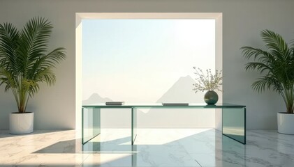 Minimalist interior with glass desk and large window overlooking a serene mountain landscape.