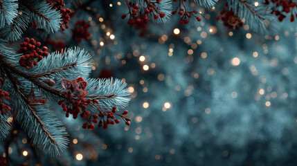 Christmas tree branches background with festive lights and decorations --ar 16:9 --s 250 --c 20