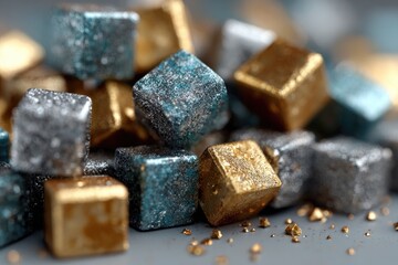 Glittering metallic cubes in gold and teal
