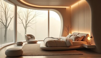 A peaceful and cozy bedroom with a low bed and large window in a minimalist style.
