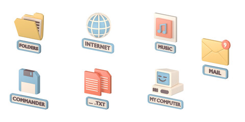 Fototapeta premium Nostalgic set of 3D rendered vintage computer icons in an isometric style. Collection of old school user interface elements for web and graphic design