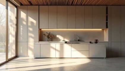 A sleek modern kitchen with a minimalist design and natural light.