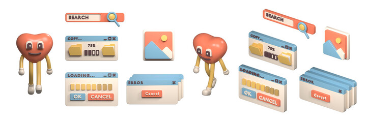 A charming 3D rendered collection of user interface elements featuring a friendly heart character, representing a positive user experience and digital interaction