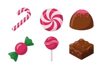 Sweet candy collection icons with festive design, candy cane and swirl lollipop illustration, chocolate piece and toffee graphics, sugary treat vector set