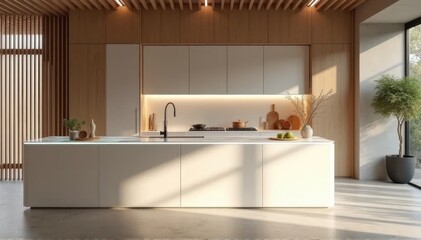 A bright and spacious modern kitchen with a white island and light wood accents.