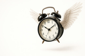 An alarm clock with wings symbolizing flying time. Space for text.