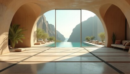 Luxurious indoor pool with stunning views of a mountain gorge and ocean.