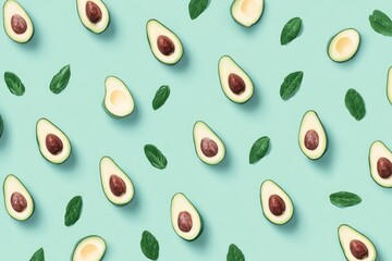 Flatlay of halved avocados and leaves on a pastel background