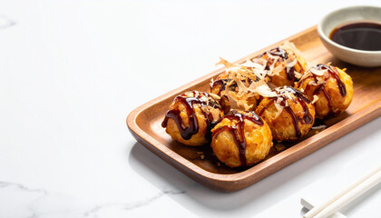 Side view of golden-brown takoyaki balls in a wooden tray, steam rising
