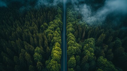 Dramatic overhead view of a road through lush forests aerial photography nature serene environment