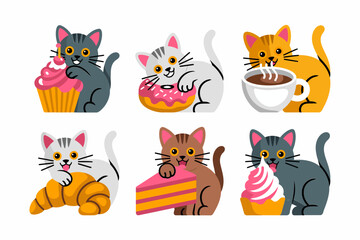 Playful cartoon cats with desserts illustration, cute kitten and fun graphics, sweet food and adorable animal art set