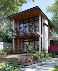 A contemporary wooden-sided house with a spacious deck and lush landscaping sits in a sun-drenched garden setting.