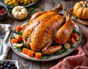 Juicy perfectly roasted whole turkey served on a festive platter with vegetables and lemon slices for Thanksgiving or holiday celebration dinner