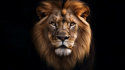 Fototapeta premium Fierce lion's face illuminated by soft spotlight wildlife photography dark environment close-up viewpoint for stunning visual impact