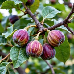 Fresh ripe figs growing on tree branch with green leaves in natural orchard setting du daytime
