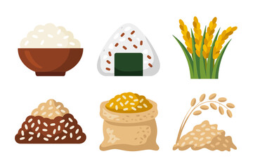 Cartoon rice bowls and sacks, food agriculture illustration, organic rice and grain design, healthy food vector set