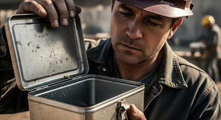 Concept of poverty and unemployment with a sad worker holding an empty lunchbox