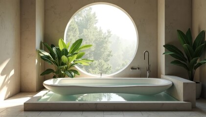 Minimalist bathroom with a unique floating bathtub and a round window with a forest view.