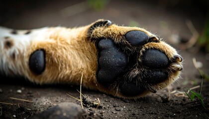 Obraz premium Close-up view of a textured paw print with detailed details of the animal's fur and dark pads.
