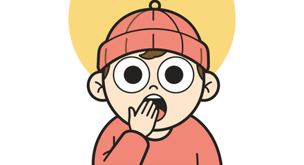 Cartoon illustration of a surprised child in a red hat and sweater.