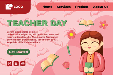 Teacher Day with Bright Cute Cartoon People, Stationery Element for Web Banner Background