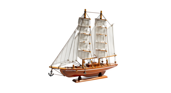 A model of a twomasted schooner with white sails, isolated on transparent background, showcasing its intricate rigging and classic design