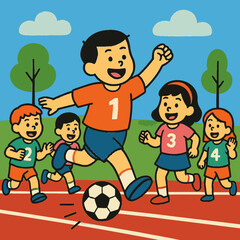 A cheerful group of diverse young children and an adult figure enthusiastically play soccer together on a vibrant outdoor running track under a bright sky.