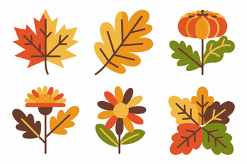 Fototapeta premium Autumn botanical illustration, fall flowers and leaves design, seasonal decorative foliage vector set
