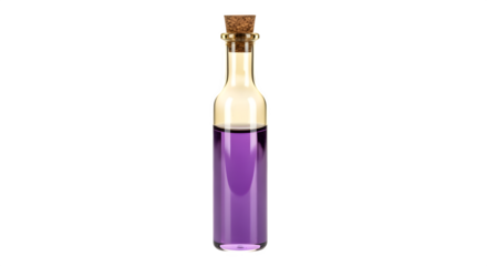 A glass bottle filled with purple liquid and cork isolated on transparent background, perfect for representing potions, elixirs, or magical concoctions