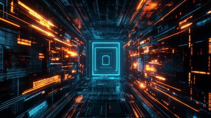 Illuminating cyber lock action in futuristic corridor digital artwork high-tech environment futuristic viewpoint cybersecurity concept