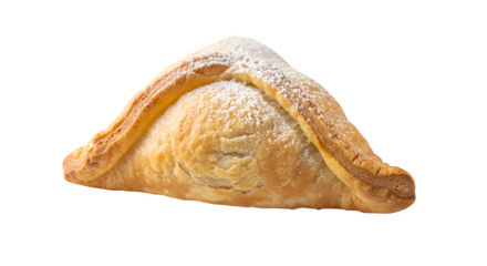 A golden apple turnover with powdered sugar isolated on transparent background, perfect for a sweet dessert, snack, or breakfast treat