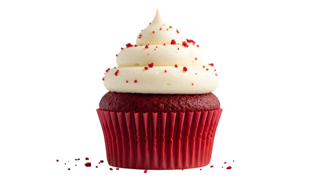 A delicious red velvet cupcake with creamy frosting and red sprinkles isolated on transparent background, perfect for dessert or a sweet treat - Powered by Adobe
