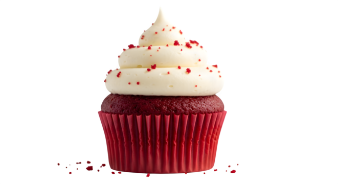 A delicious red velvet cupcake with creamy frosting and red sprinkles isolated on transparent background, perfect for dessert or a sweet treat