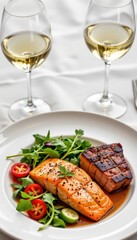 Elegant seafood and steak dinner with fresh salad served in fine glassware on white tablecloth for gourmet dining experience