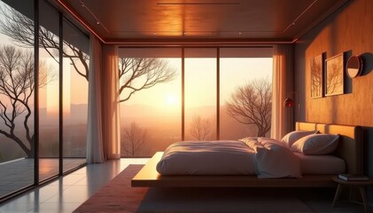 A modern bedroom with a sunset view through a large window.