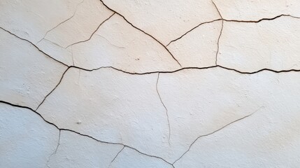 Obraz premium Cracked wall surface showcasing various fissures in a light-colored plaster, highlighting wear and tear