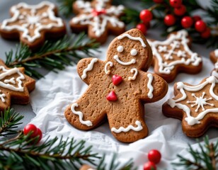 Delicious Christmas gingerbread cookies with intricate icing decorations on a festive holiday setting with pine branches and red berries