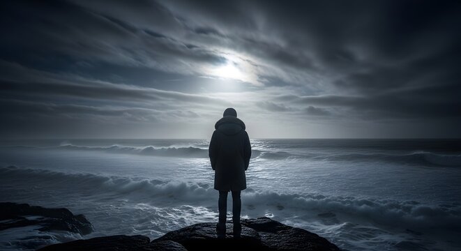 A solitary figure stands on a rocky outcrop, gazing at a turbulent ocean under a dramatic, moonlit sky, evoking feelings of contemplation and solitude.