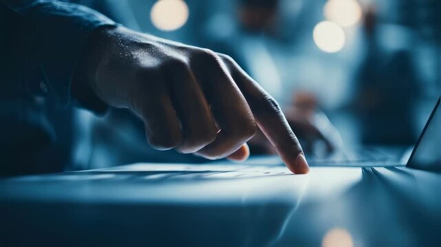 Medium shot of fingers pressing Submit on an emissions data request form on a monitor while a blurred coworker discusses in the background.